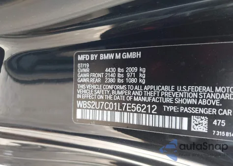 2020 BMW M2 Competition z USA, uszkodzony, nr VIN WBS2U7C01L7E56212